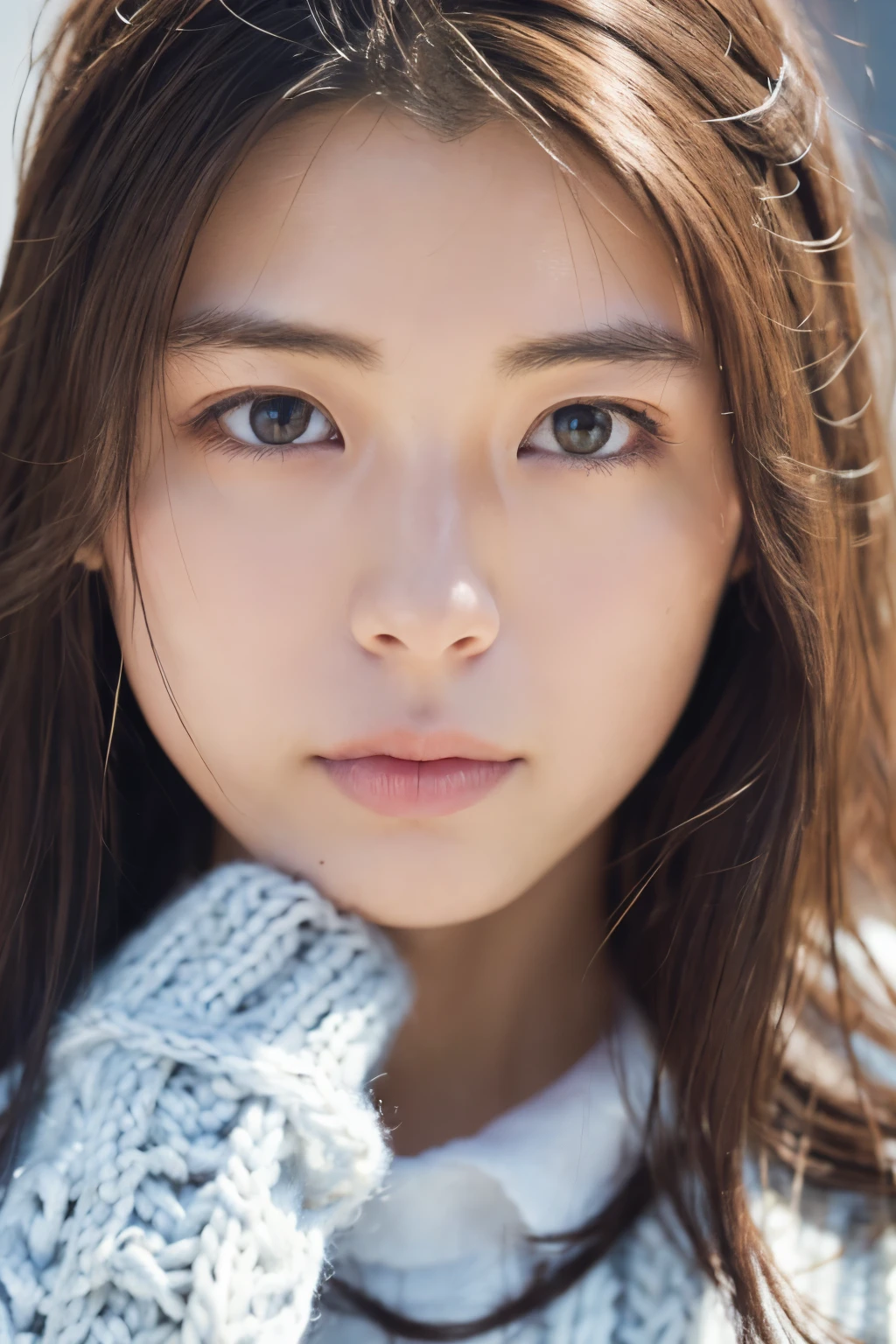 (knitwear), (top-quality, masterpiece:1.3, Super high resolution), (Photorealsitic:1.4, RAW shooting), Ultra-realistic capture, A highly detailed, high-definition 16K for human skin, Wistful, A skinny Japanese woman, 30 years old, cute face, ((Sadness face)), detailed face, detailed eyes, ((correct anatomy)), A dark-haired, Middle hair, ((Background of the sea in a starry night)), (((looking up afar at starry sky))), hair blowing in the wind