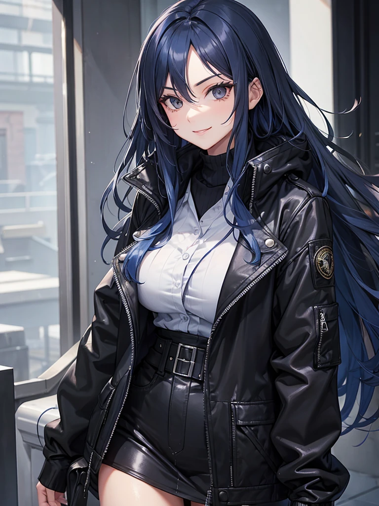 woman, long curry wavy blue hair, dark gray black eyes, independent woman, intimidating, kind smile. mature woman. mafia. wear jacket