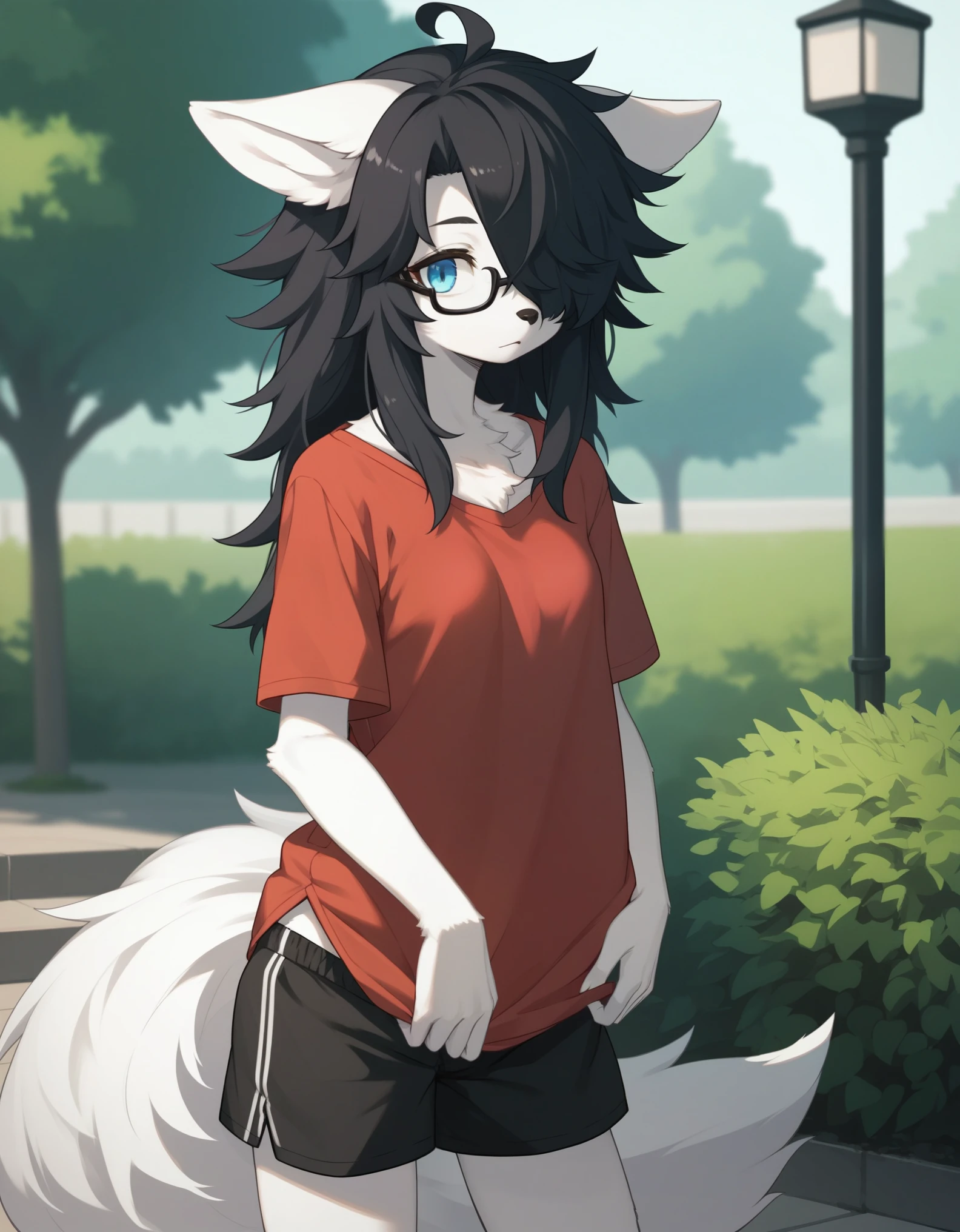 Solo, score_9,score_8_up,score_7_up, kemono style,  a young nerdy Anthro furry wolf woman, wolf snout, white furry body, tall, long black messy hair, black hair, hair in a pony tail, hair covering one eye, white wolf tail, black glasses, blue eyes, white fox ears, white wolf tail, small breasts, wearing oversized red t shirt, black boy shorts, standing, outdoors, at a park,