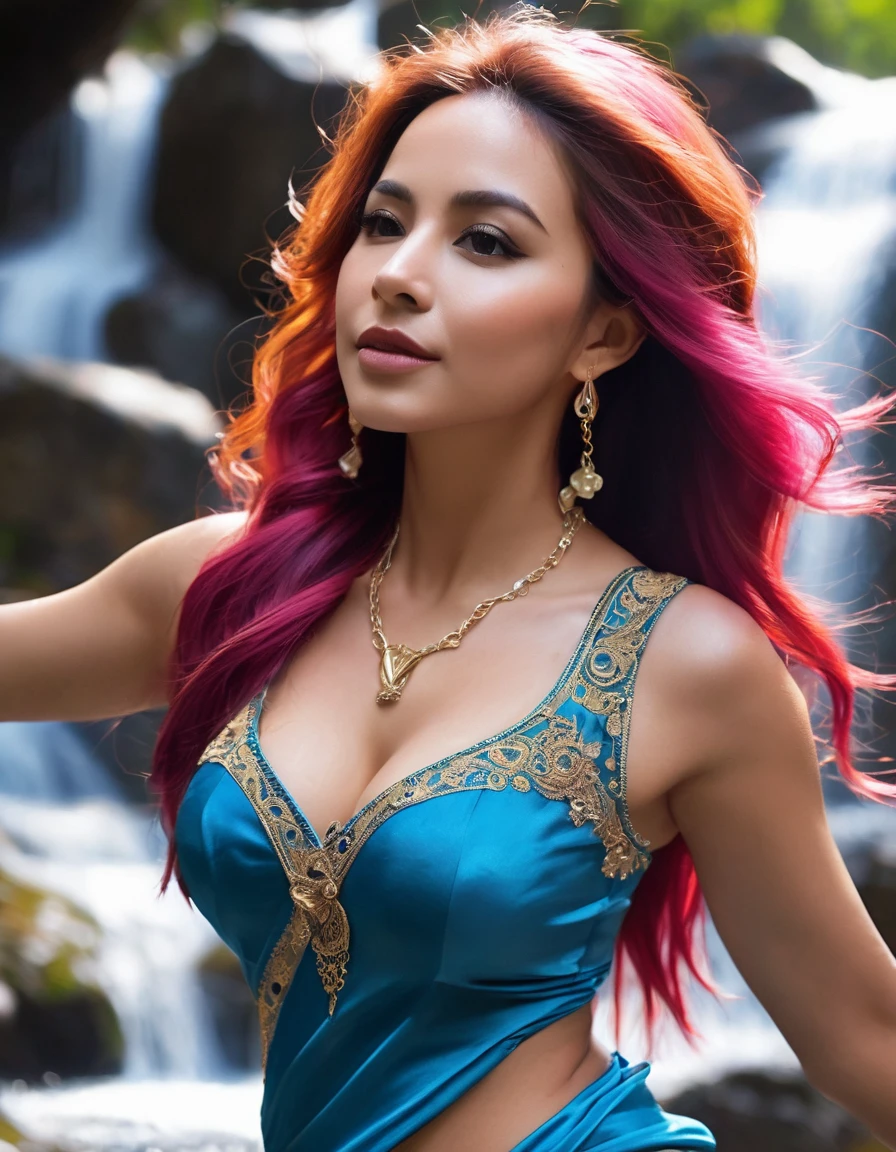 day scene, extreme close up photo of naked Latina, hourglass figure, swooping breasts, showing deep cleavage, open arms, jumping high near waterfalls,long pink hair, ponytail, necklace, blue satin silk half saree, look at viewer, (cinematic:1.3), intricate details, (ArtStation:1.2)