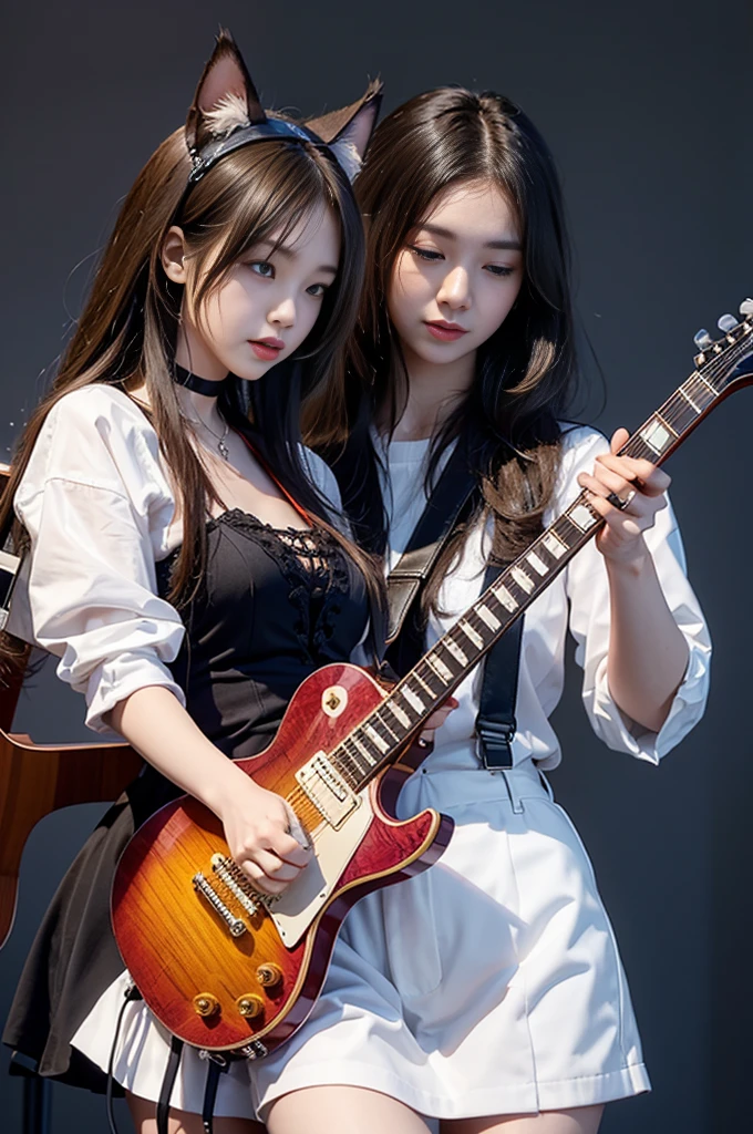 Woman Playing Guitar Live、brunette disheveled hair、Intricate 6-string electric guitar:1.2、Anatomically correct fingers、Gibson　Les paul、1 guitar only、Cat's ears