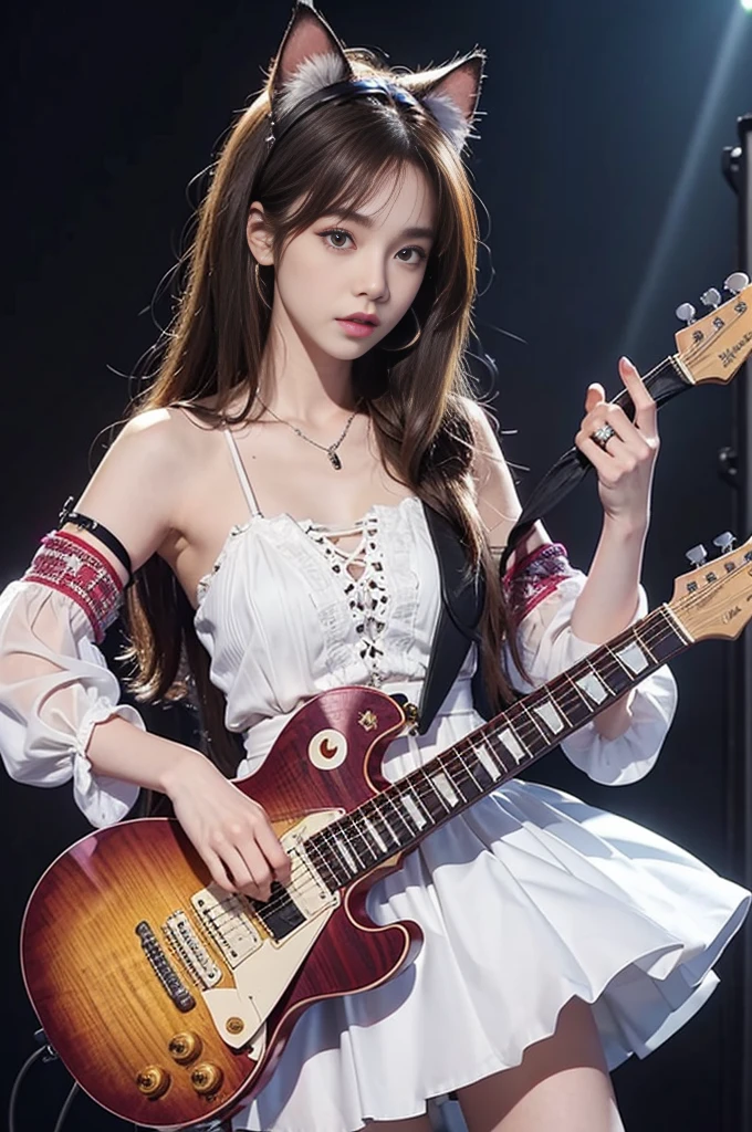 Woman Playing Guitar Live、brunette disheveled hair、Intricate 6-string electric guitar:1.2、Anatomically correct fingers、Gibson　Les paul、1 guitar only、Cat's ears