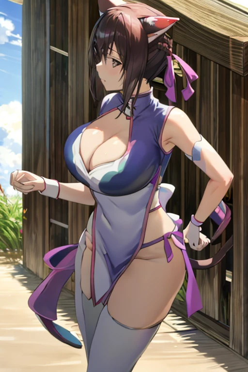 masterpiece, best quality, beautiful art, high resolution, well formed hands, body and fingers, 1 woman, solo, Lin Xiao Mei, cat ears and cat tail, hair ornament, adult, grown up, big breasted, cleavage, full body, braided long hair, blue_japanese_clothes, wearing DOA Kasumi's blue kunoichi dress, sexy and skimpy japanese clothes, kimono peek, sleeveless, white stockings, gorgeous legs and thighs,fighting in a combat match, showing her fighting skills, making her guard, about to hit the viewer, looking at the viewer, sweating, bouncing breasts, smiling joyfully and brightly, being confident and proud, action and fighting scene, fighting cage on beach environment