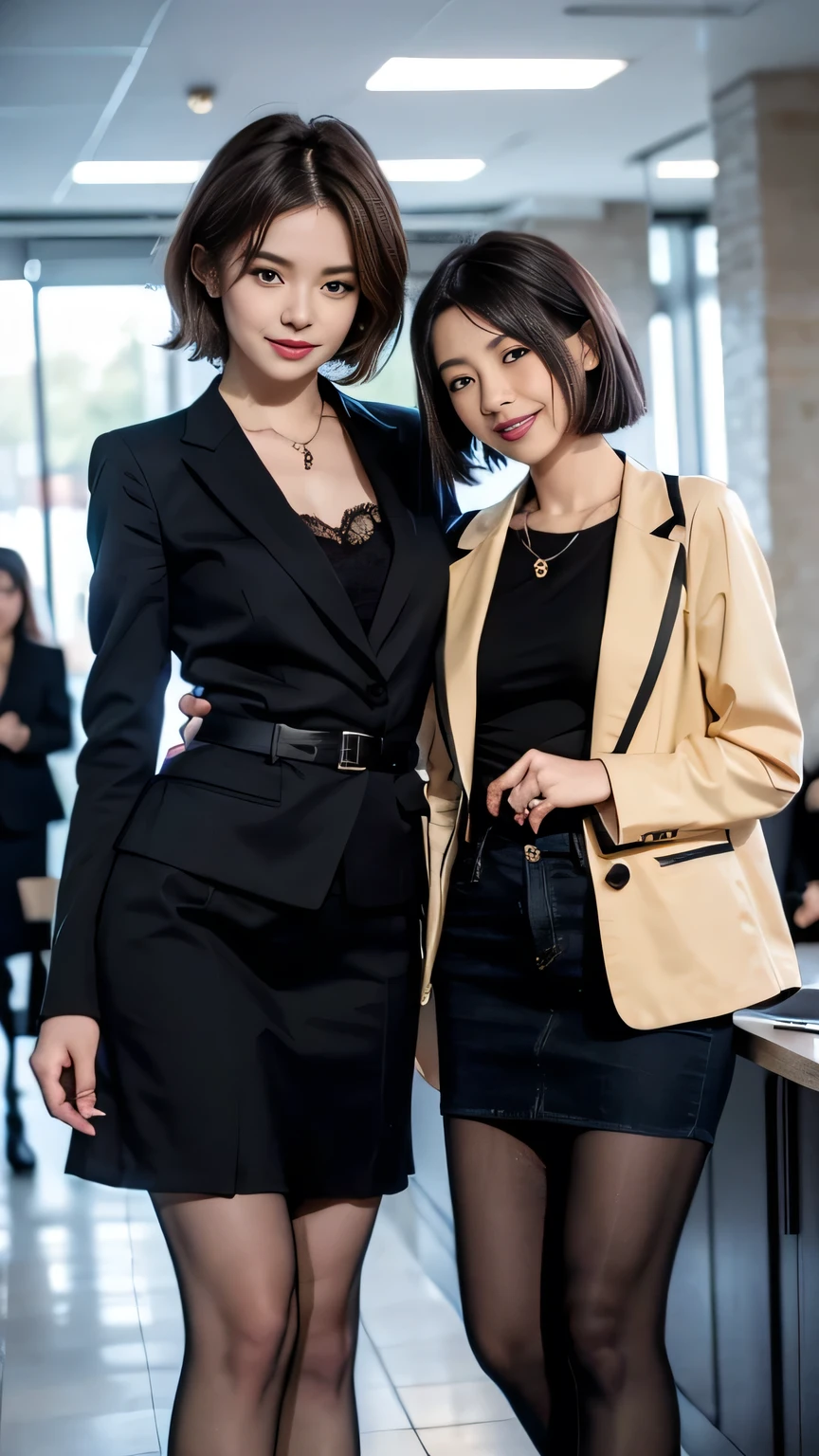 Delicate makeup，Two women standing side by side、Cool Beauty,　Accurately express the fine details of the face and skin texture,(The most beautiful face and eyes), Delicate skin,Looking into the camera、Short Haircut、smile、Jacket、shirt、((Are standing:1.3))、(Ultra-realistic pantyhose:1.2), (pumps)、(Business services)、 indoor, ,The background is the building&#39;s entrance
