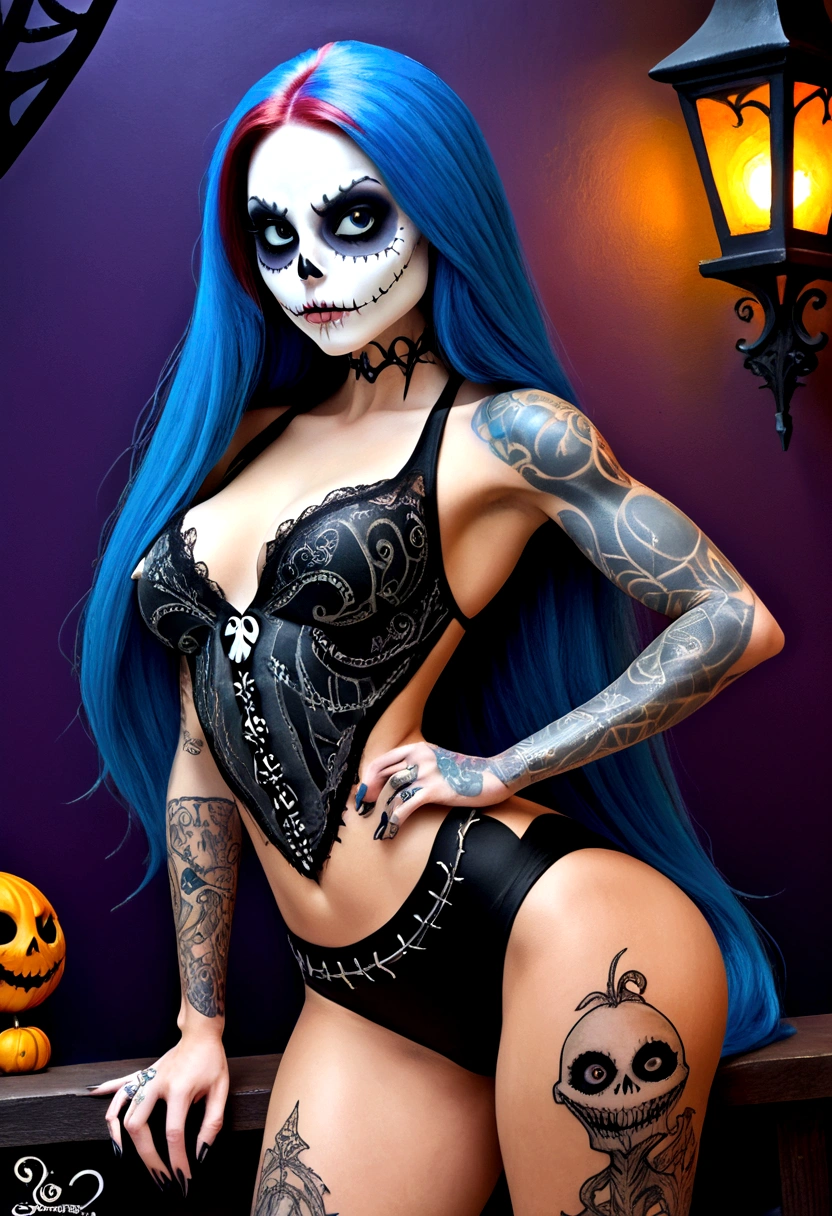 Create a hyper detailed photograph of a nightmare before Christmas tattooed muscular young sexy sally Skellington, Stunningly perfect gorgeous face, perfect makeup,detailed vibrant eyes, long hair, big beautiful muscular legs, big beautiful muscular arms, big back muscles, realistic torso, muscular abs, detailed smooth skin, big breast, big muscular ass,nightmare before Christmas sexy seductive lace thong, back to viewer looking forward,