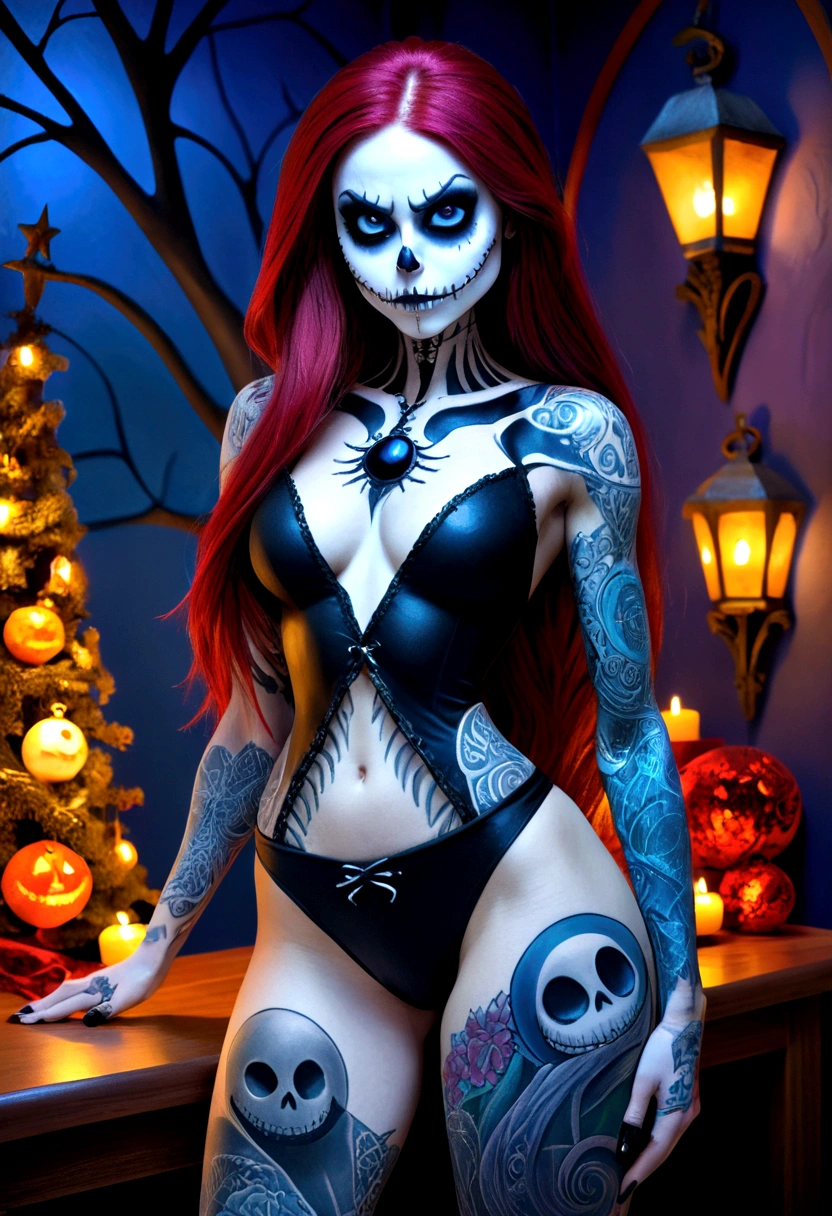 Create a hyper detailed photograph of a nightmare before Christmas tattooed muscular young sexy sally Skellington, Stunningly perfect gorgeous face, perfect makeup,detailed vibrant eyes, long hair, big beautiful muscular legs, big beautiful muscular arms, big back muscles, realistic torso, muscular abs, detailed smooth skin, big breast, big muscular ass,nightmare before Christmas sexy seductive lace thong, back to viewer looking forward,