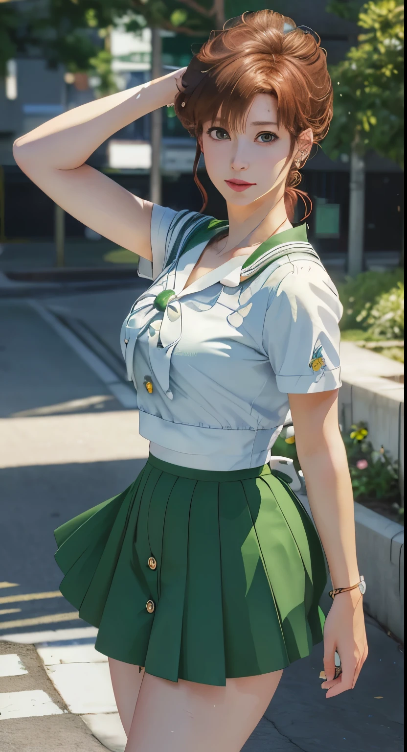 Image of a woman in her 50s wearing a short skirt and white shirt, Sailor Jupiter. beautiful, Smooth anime CG art, extremely detailed art germ, art germ jsc, Photorealistic Anime Girl Rendering, art germ. High detail, Realistic 3D animation, range murata and art germ, makoto shinkai and art germ