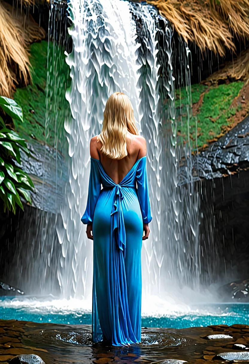 a blonde with blue eyes,standing backwards,using nothing,under the waterfall
