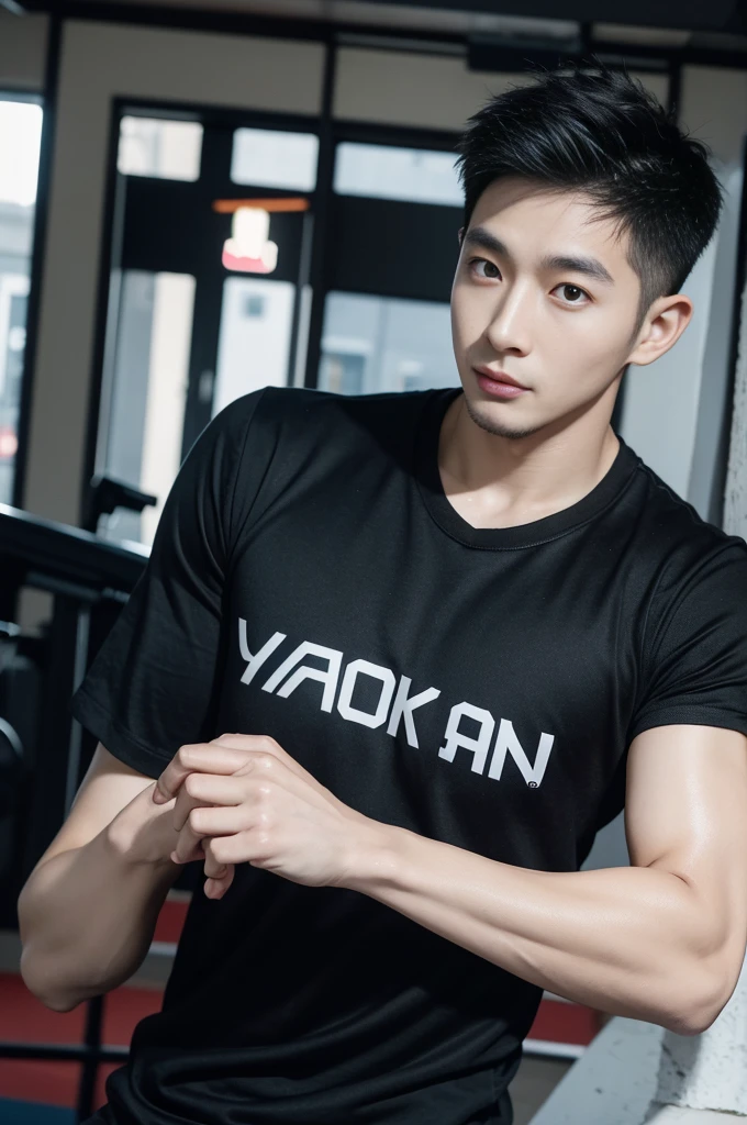 Korean man, Inspiration from Peng Yuyan, 30 years old, 236 years old, Cute Korean Face, 35 yo, 33 year old Korean muscular man,Gym in the background, black t-shirt
