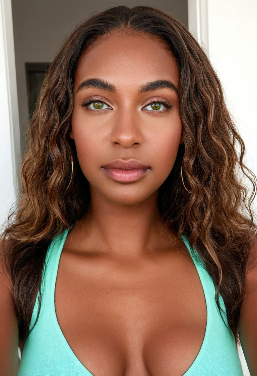 (selfie, vista superior: 1,4), (metade reta do corpo: 1,4), foto de retrato RAW UHD, a beautiful woman, beautiful Latin face, Brazilian supermodel, stunning, stunning beauty, Angolan descent, most beautiful woman in the world, jaw-dropping beauty, young adult 30 years old, She has an exotic beauty, native Brazilian, tall woman, a stunning black African woman, with indigenous features, beautiful indigenous girl, ((An indigenous African girl with European ebony)), ((her beauty is undeniable)), beautiful young ebony girl with dark skin, tanned Mexican. *hair: Curly black hair with brown highlights, Voluminous black hair with brown highlights, vibrant and dynamic cut with soft waves. *eyes: green and expressive eyes, beautiful green eyes, realistic green eyes, detailed green eyes, ultra realistic, symmetrical, hyper realistic, (eyeliner, long eyelashes), intense and penetrating look, seductive, mysterious and charming look, look at it magnetism, attraction and fascination. * Eyebrows: Perfect eyebrows that arch gracefully above the eyes and are thick. * the nose is small and proportional to the face and the soft contour of the face that accentuates the high cheekbones. *Mouth: Attractive and irresistible mouth, well-defined lips, full lips, voluminous lips, seductive lips, captivating, striking, unforgettable, mischievous, sexy, your features are captivating, seductive expression, a seductive smile is enigmatic *Face shape: O the face is oval, with high cheekbones and a well-defined chin, a beautiful and detailed face. *Makeup: Makeup is subtle, but highlights natural features. Skin Tone: Olive skin, with healthy and even glow, with olive skin, dark skin, sexy girl with dark skin, detailed skin texture, beautiful and glowing skin, intricate details, smooth skin, healthy and radiant appearance. *body: attractive and slim woman, medium bust, athletic, thin waist, wide hips, big butt, thick thighs, shapely legs. Selfie fotograph,((melhor qualidade)), ((Obra de arte)), ((re