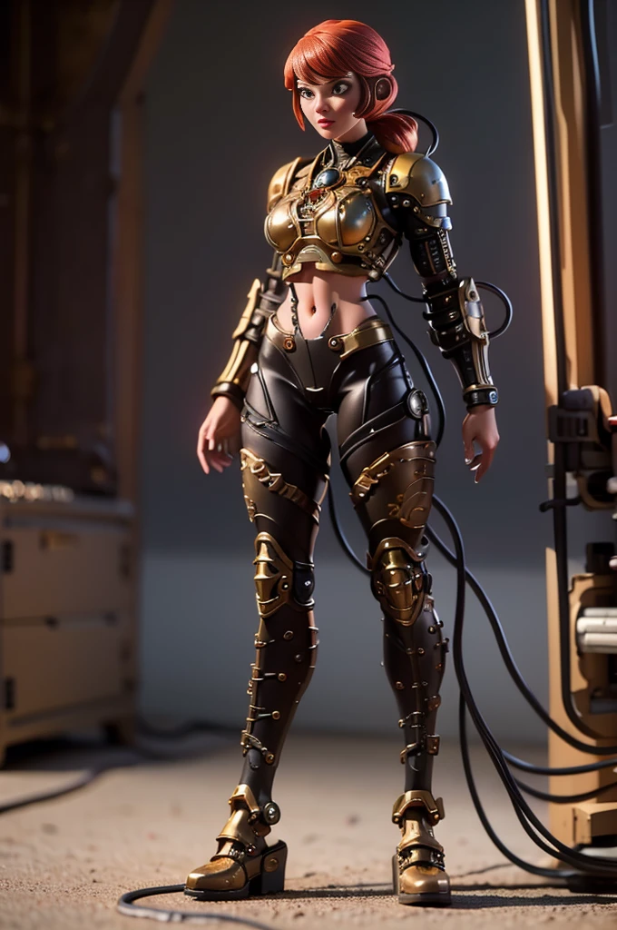 A full-length figure of a cool girl wearing a detailed steampunk armored suit. Exposed wiring, lots of cords and tubes connecting to the system. 