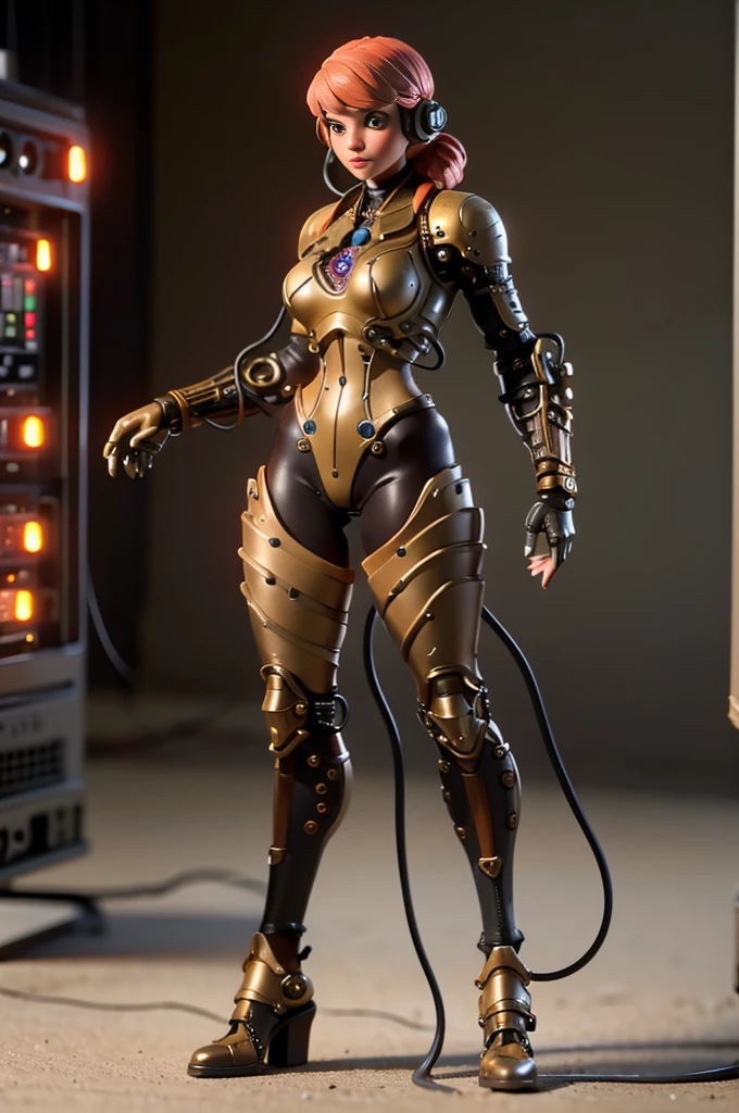 A full-length figure of a cool girl wearing a detailed steampunk armored suit. Exposed wiring, lots of cords and tubes connecting to the system. 