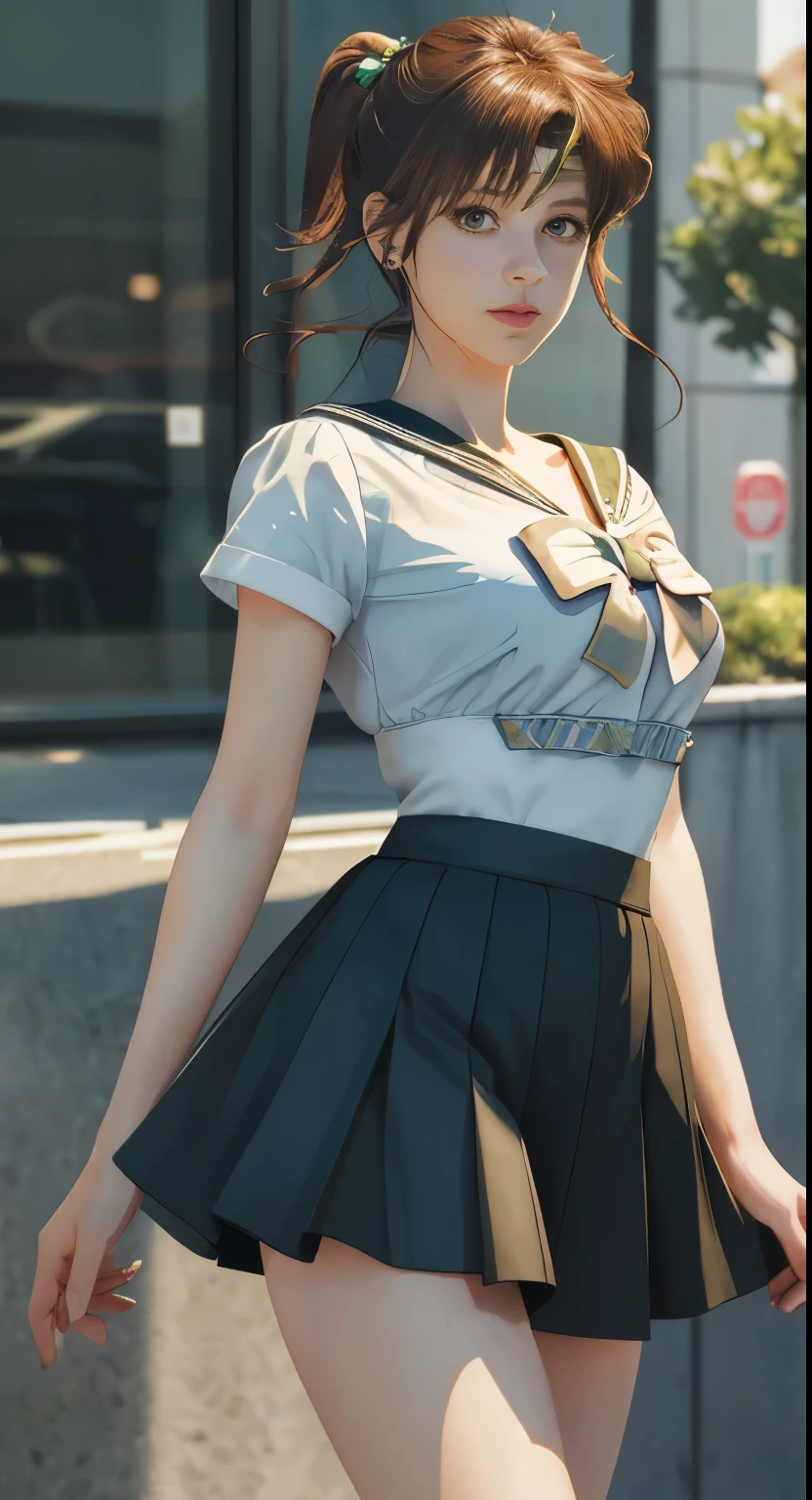 Image of a woman in her 50s wearing a short skirt and white shirt, Sailor Jupiter. beautiful, Smooth anime CG art, extremely detailed art germ, art germ jsc, Photorealistic Anime Girl Rendering, art germ. High detail, Realistic 3D animation, range murata and art germ, makoto shinkai and art germ