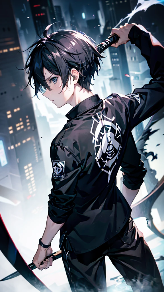 profile background, anime boy, serious face, black hair, grey eyes, martial arts clothing, high-res portrait, detailed eyes and face, character, fantasy, advanced urban, looking from behind at viewer, 4K, high resolution