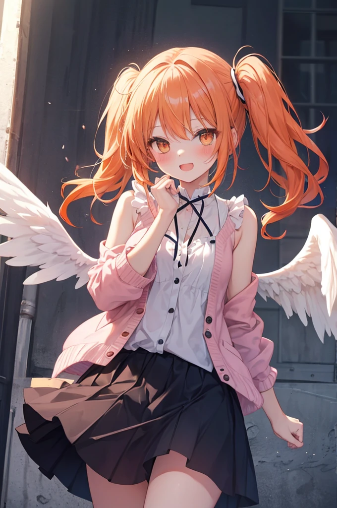 orange hair, orange eyes,girl,Pigtails with the ends tied up,laugh,The wind blows and I can see my panties through my skirt.,light and cute,halterneck,sleeveless dress,pink cardigan,Nissocks,Angel Wings,angeling