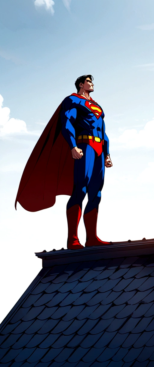 superman standing on the roof, full body shot shot