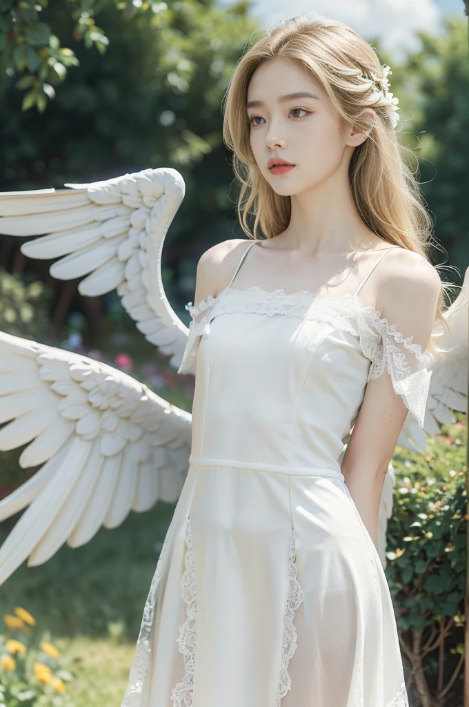 (((best quality))), (((ultra detailed))), (((masterpiece))), illustration,((1 beautiful ,solo,angel)),((fair skin,shoulder length straight blonde hair,blue eyes)),((slim,thin,small breasts,flat chest)),joyful expression,(white wings:1.3),(flowing short-sleeved white lace dress:1.3),((In heaven, garden setting)), vibrant flowers,(colorful flowers:1.3),lush grass, gentle breeze, (clear sky, fluffy clouds, shining sun),((from front,standing,upper body,arms behind back))