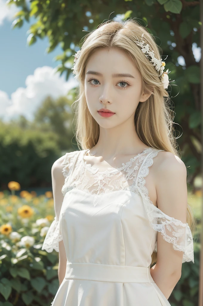 (((best quality))), (((ultra detailed))), (((masterpiece))), illustration,((1 beautiful ,solo,angel)),((fair skin,shoulder length straight blonde hair,blue eyes)),((slim,thin,small breasts,flat chest)),joyful expression,(white wings:1.3),(flowing short-sleeved white lace dress:1.3),((In heaven, garden setting)), vibrant flowers,(colorful flowers:1.3),lush grass, gentle breeze, (clear sky, fluffy clouds, shining sun),((from front,standing,upper body,arms behind back))