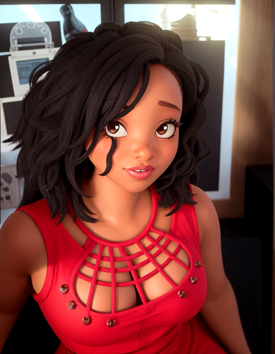 A black woman in Disney Pixar style, high quality with brown eyes, in a designer's office