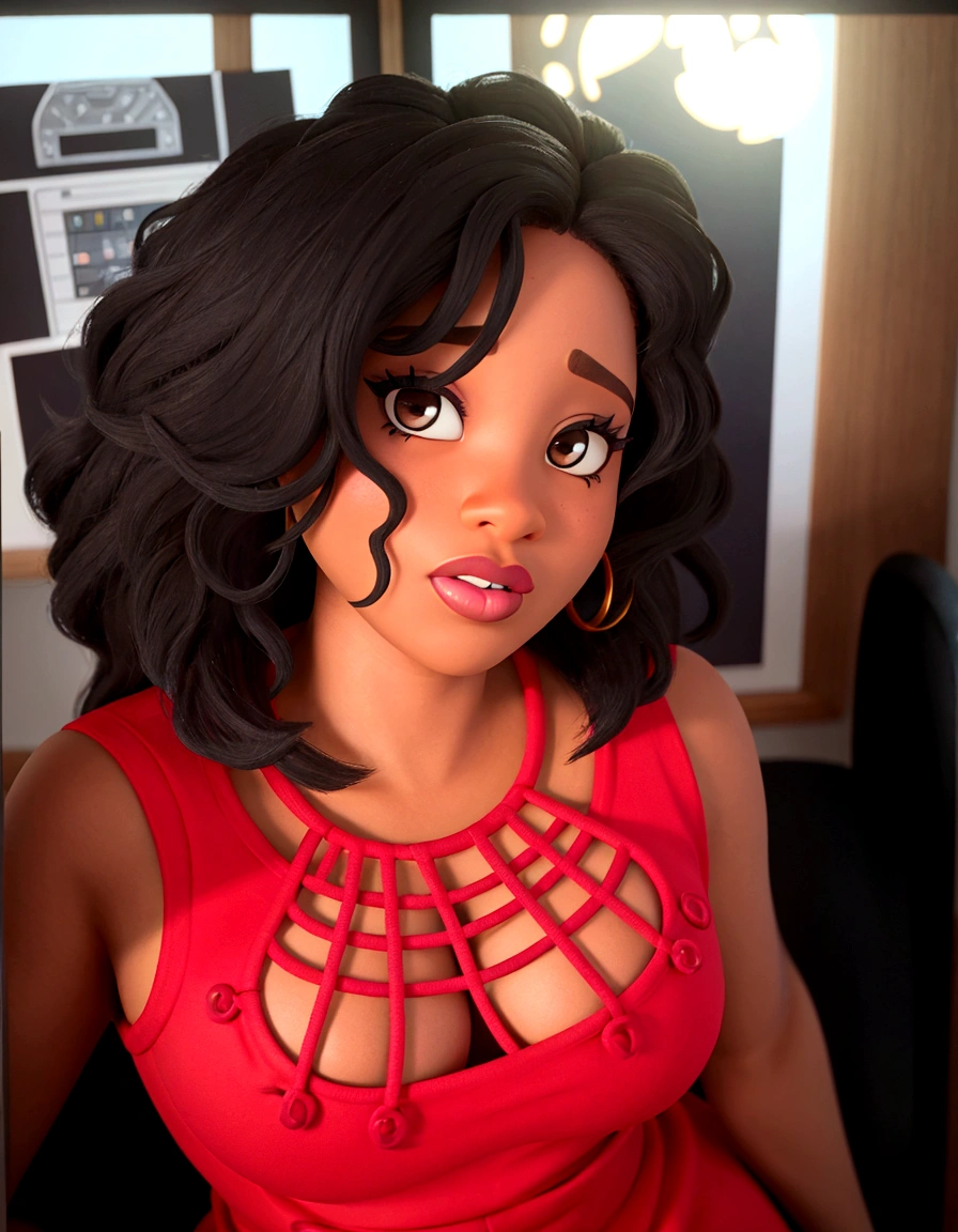 A black woman in Disney Pixar style, high quality with brown eyes, in a designer's office