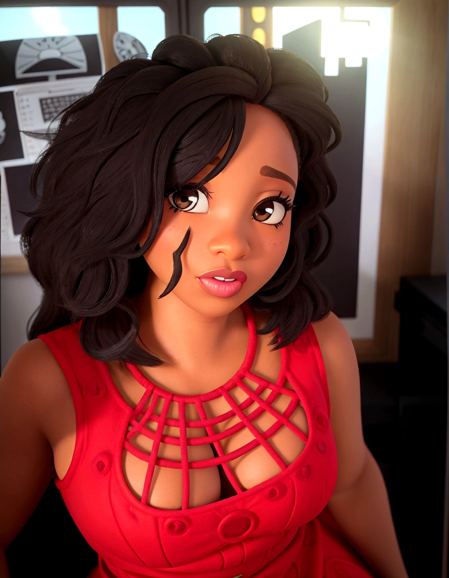 A black woman in Disney Pixar style, high quality with brown eyes, in a designer's office