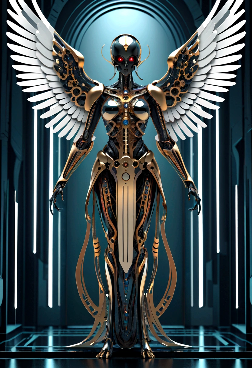 Intricate 3d rendering ultra-detailed beautiful angel of death, biomechanical robot, Futuristic Room