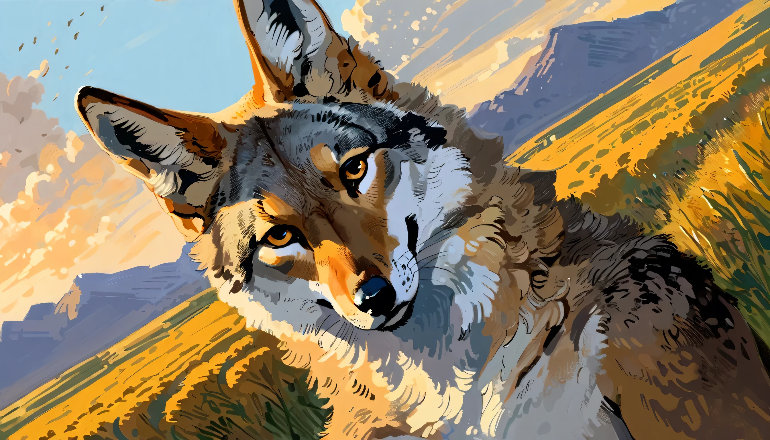 solo, male, anthro, (Coyote), by seyorrol, digital artwork, ((detailed background)), intricate detailed grassland background, powerful silhouette, mysterious shadows, realistic shading, (epic, masterpiece, high quality, 8k, ultra HD, absurd res, top quality, best quality, max quality, masterpiece), ((sexy, ((feminine face)))), dusk, cloudy sky, fluffy fur, realistic fur, centered, center frame, (perfect eyes, detailed eyes), ((headshot)), dutch angle