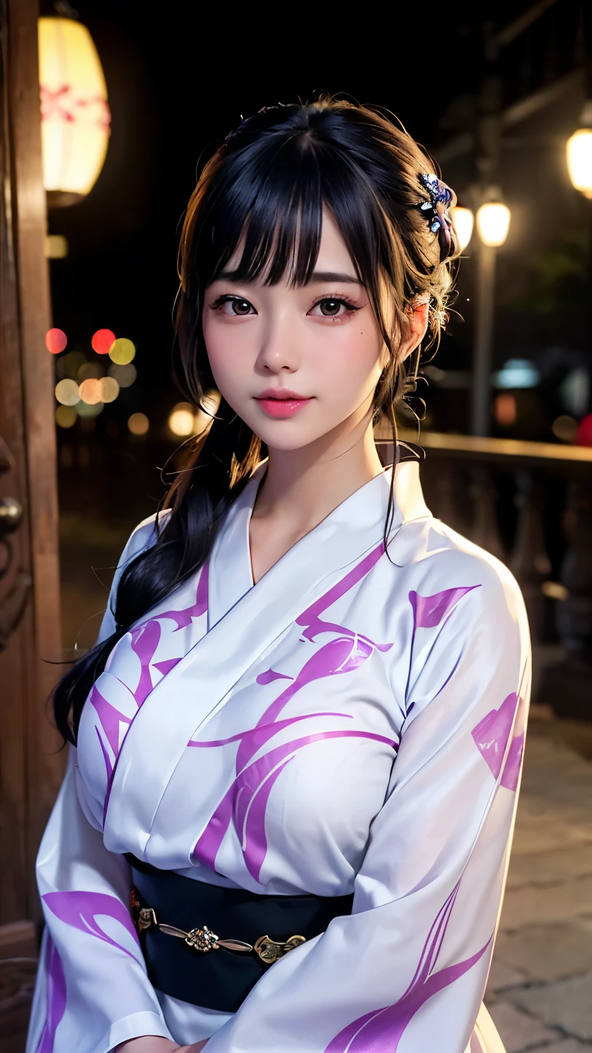 (logo、masterpiece、8K、Tabletop、RAW Photos、wonderful、最high quality、フォトリアリスティックでVery detailedな CG 複合 8K 壁紙、high quality、Very detailed、Narrative poem、Particle Effects、Dynamic Effects、Depth of the Boundary、Cinematic Light、Lens flare、Ray Tracing)、 (One beautiful woman wearing a yukata、White yukata、Light purple pattern)、Black-haired、High definition skin、Very fine、Fine skin texture、Beautiful Face、True Face、Beautiful details in the eyes、Realistic eyes、Beautifully detailed eyes、Realistic Skin、Beautiful Skin、Surreal、Smiling Eyes、Hair and light eyes、vivid、Colorful lights and bokeh、plump lower lip、Pink Lips、Hair flutters in Wind、Hair bounces、wonderful景色、night、evening、Wind、moonlight、moonlight、light