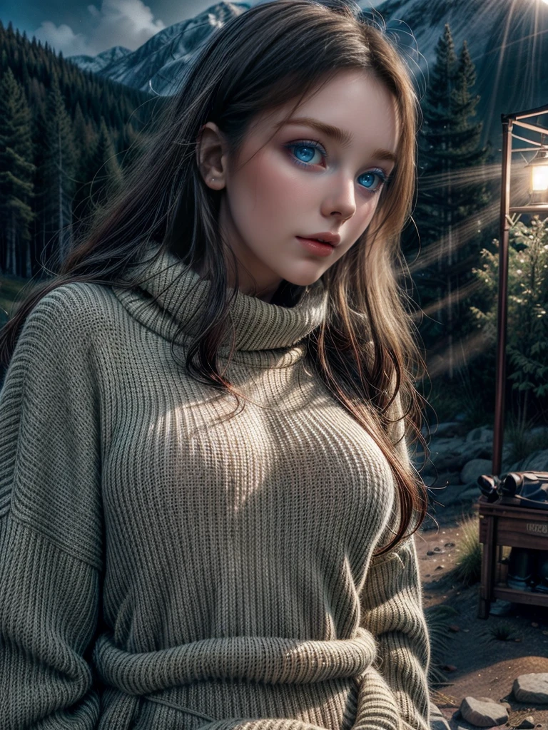 1 woman, amazon construction, sensual look, wet and sweaty ((Upper part of the body selfie, happy)), Beautiful backlight, show biceps,Masterpiece, Best Quality, ultra detailed, Alone, outdoor, (evening), mountains, nature, (stars, officer) happy, happy, schoolbag, sleeping bag, camping stove, water bottle, Mountain boots, gloves, sweater, has, flashlight, forest, Rocks, River, wood, smoke, darkness, contrast, clear sky, analog style (look at the viewer:1.2) (skin texture) (film grain:1.3), (warm tone, warm tone:1.2), close up, cinematic light, side lighting, ultra high resolution, best shadow, RAW, Upper part of the body, wearing sweater, Portrait Sophie Mudd, thick neck, 19 year old female model, latina, angelablanca, Violet Myers, 22 years, 21 years, profile picture, italian, italian latina, Alycia Debnam-Carey, Hazel eyes, realist, Post processing, maximum detail,
