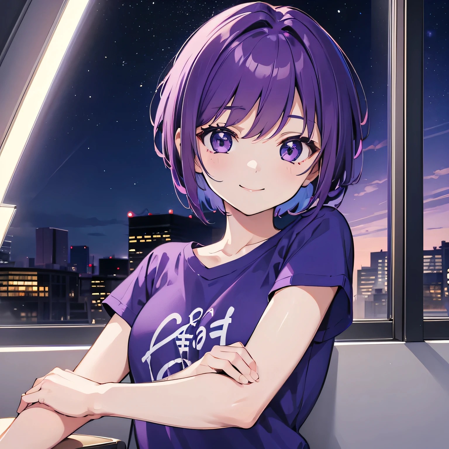 (T Masterpiece,4k wallpaper,Best Quality))、((girl1people))、(solo)、Bright and Brilliant,(Purple Hair)、(short hair:1.3)、smile、Bedroom、T-Shirts、night