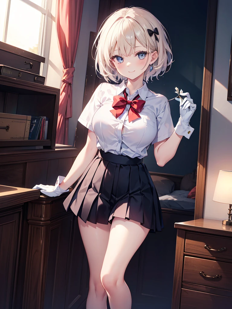 (8K, RAW photos, best quality, masterpiece:1.2), (Practical, photo-Practical:1.37), Extremely detailed, 1 girl,Lovely, Solitary,Beautiful and detailed sky,(Red and swollen nose),(Smile:1.1),(Shut up),Large Breasts, seductive Smile, Big Apartment, Professional lighting, Sony A7R4, Jersey 50mm F1.8, Medium breasts,Beautiful and delicate eyes,(Collared shirt:1.1), bow tie,Pleated Skirt,(short hair:1.2),Flowing hair ,Long hair,White gloves,Eyes with highlights,miniskirt,Slender legs
