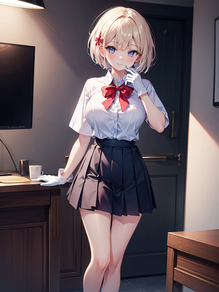 (8K, RAW photos, best quality, masterpiece:1.2), (Practical, photo-Practical:1.37), Extremely detailed, 1 girl,Lovely, Solitary,Beautiful and detailed sky,(Red and swollen nose),(Smile:1.1),(Shut up),Large Breasts, seductive Smile, Big Apartment, Professional lighting, Sony A7R4, Jersey 50mm F1.8, Medium breasts,Beautiful and delicate eyes,(Collared shirt:1.1), bow tie,Pleated Skirt,(short hair:1.2),Flowing hair ,Long hair,White gloves,Eyes with highlights,miniskirt,Slender legs