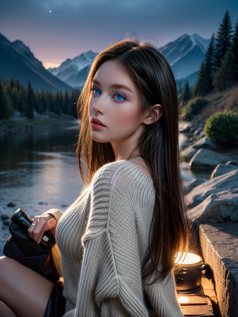 1 woman, amazon construction, sensual look, wet and sweaty ((Upper part of the body selfie, happy)), Beautiful backlight, show biceps,Masterpiece, Best Quality, ultra detailed, Alone, outdoor, (evening), mountains, nature, (stars, officer) happy, happy, schoolbag, sleeping bag, camping stove, water bottle, Mountain boots, gloves, sweater, has, flashlight, forest, Rocks, River, wood, smoke, darkness, contrast, clear sky, analog style (look at the viewer:1.2) (skin texture) (film grain:1.3), (warm tone, warm tone:1.2), close up, cinematic light, side lighting, ultra high resolution, best shadow, RAW, Upper part of the body, wearing sweater, Portrait Sophie Mudd, thick neck, 19 year old female model, latina, angelablanca, Violet Myers, 22 years, 21 years, profile picture, italian, italian latina, Alycia Debnam-Carey, Hazel eyes, realist, Post processing, maximum detail,