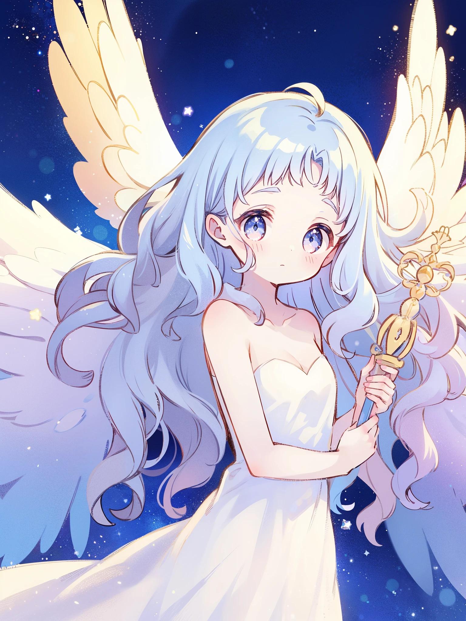 nude angel girl wearing an ethereal translucent dress, pale skin, ((wavy blue hair)), white feathers, angel wings, sparkling detailed eyes, golden ratio face, perfect composition, highly detailed, ethereal, (starry night sky background), midjourney style