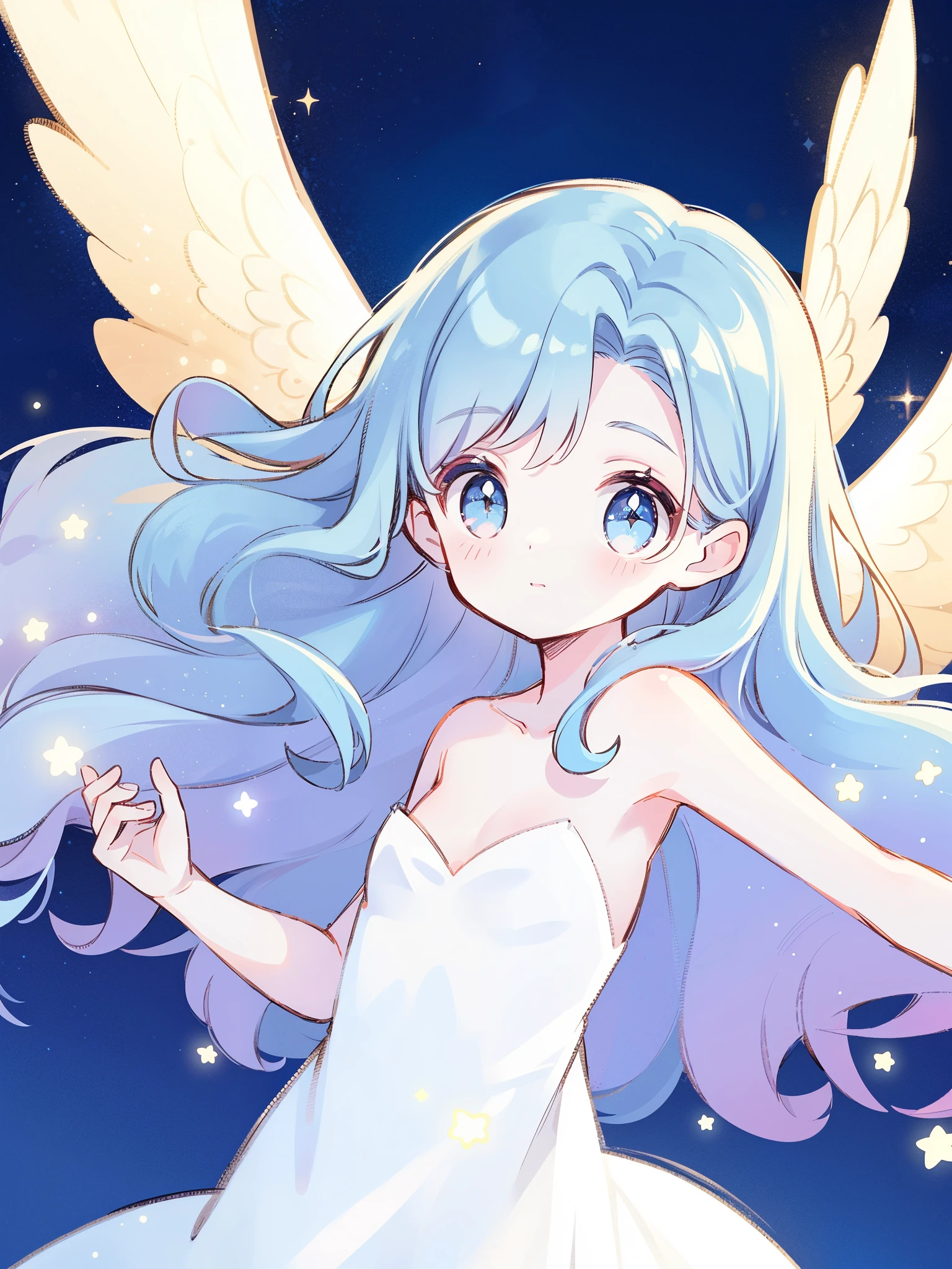 nude angel girl wearing an ethereal translucent dress, pale skin, ((wavy blue hair)), white feathers, angel wings, sparkling detailed eyes, golden ratio face, perfect composition, highly detailed, ethereal, (starry night sky background), midjourney style