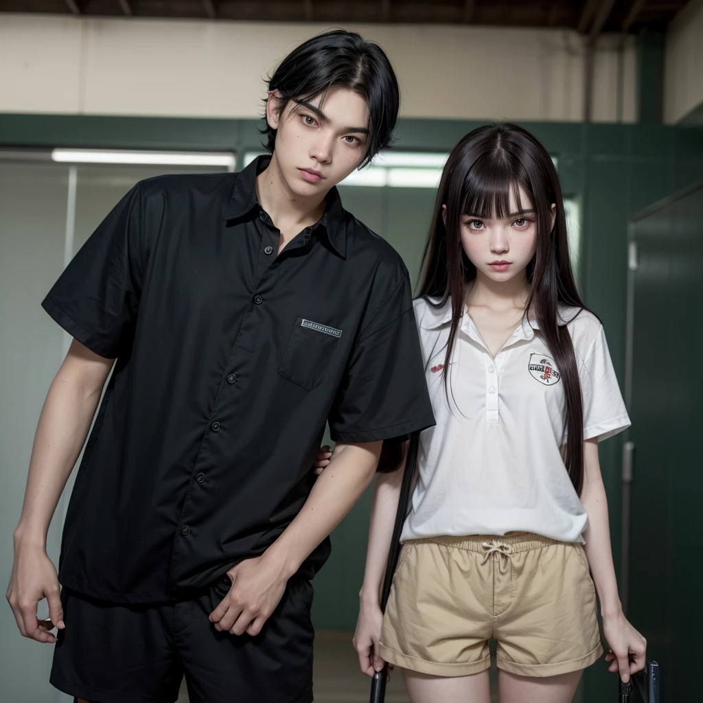  A boy with black hair and red locks in a mafia suit, a gun, brown eyes and white skin.
Next to the boy, a girl with dark brown hair (too much), green eyes and white skin, blue locks, matching black blouse and shorts, loose hair, not too short and bangs and holding a bat