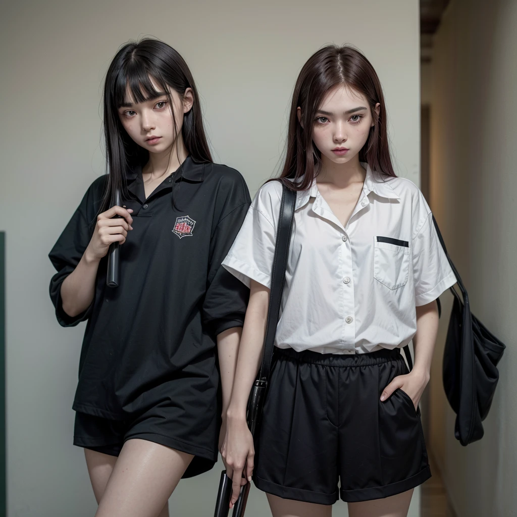  A boy with black hair and red locks in a mafia suit, a gun, brown eyes and white skin.
Next to the boy, a girl with dark brown hair (too much), green eyes and white skin, blue locks, matching black blouse and shorts, loose hair, not too short and bangs and holding a bat