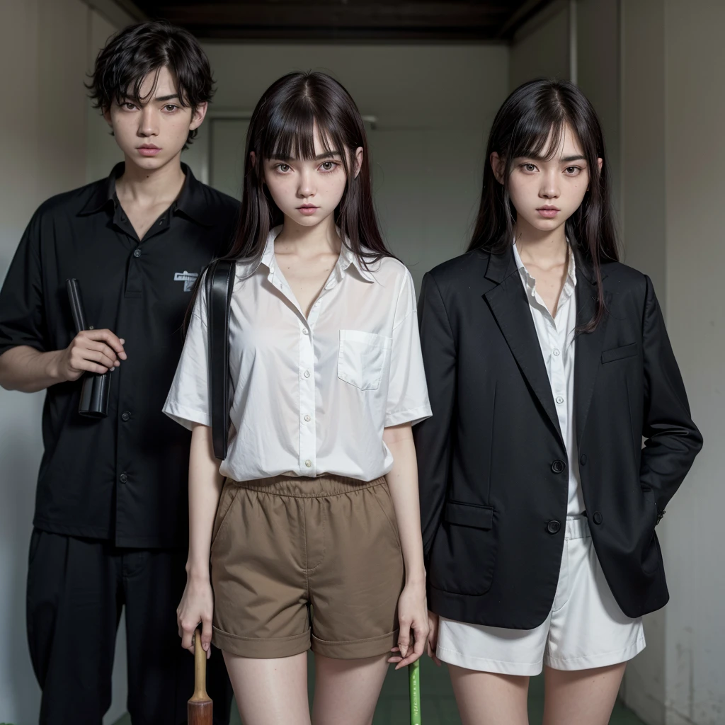  A boy with black hair and red locks in a mafia suit, a gun, brown eyes and white skin.
Next to the boy, a girl with dark brown hair (too much), green eyes and white skin, blue locks, matching black blouse and shorts, loose hair, not too short and bangs and holding a bat