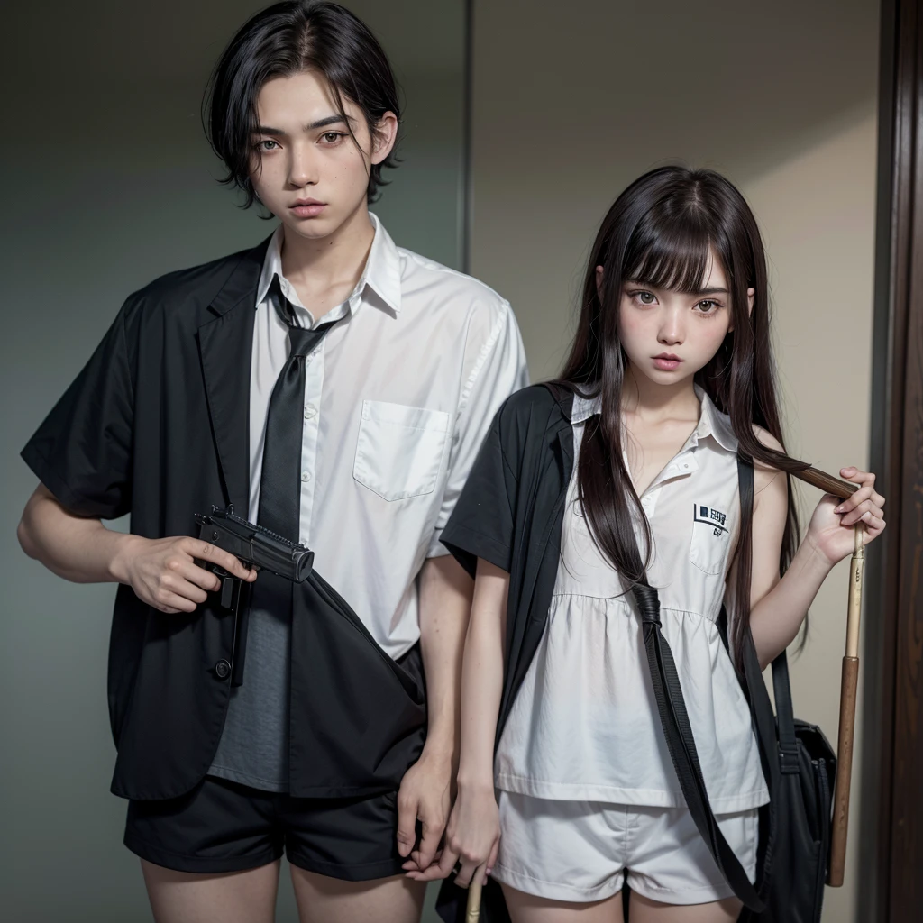  A boy with black hair and red locks in a mafia suit, a gun, brown eyes and white skin.
Next to the boy, a girl with dark brown hair (too much), green eyes and white skin, blue locks, matching black blouse and shorts, loose hair, not too short and bangs and holding a bat