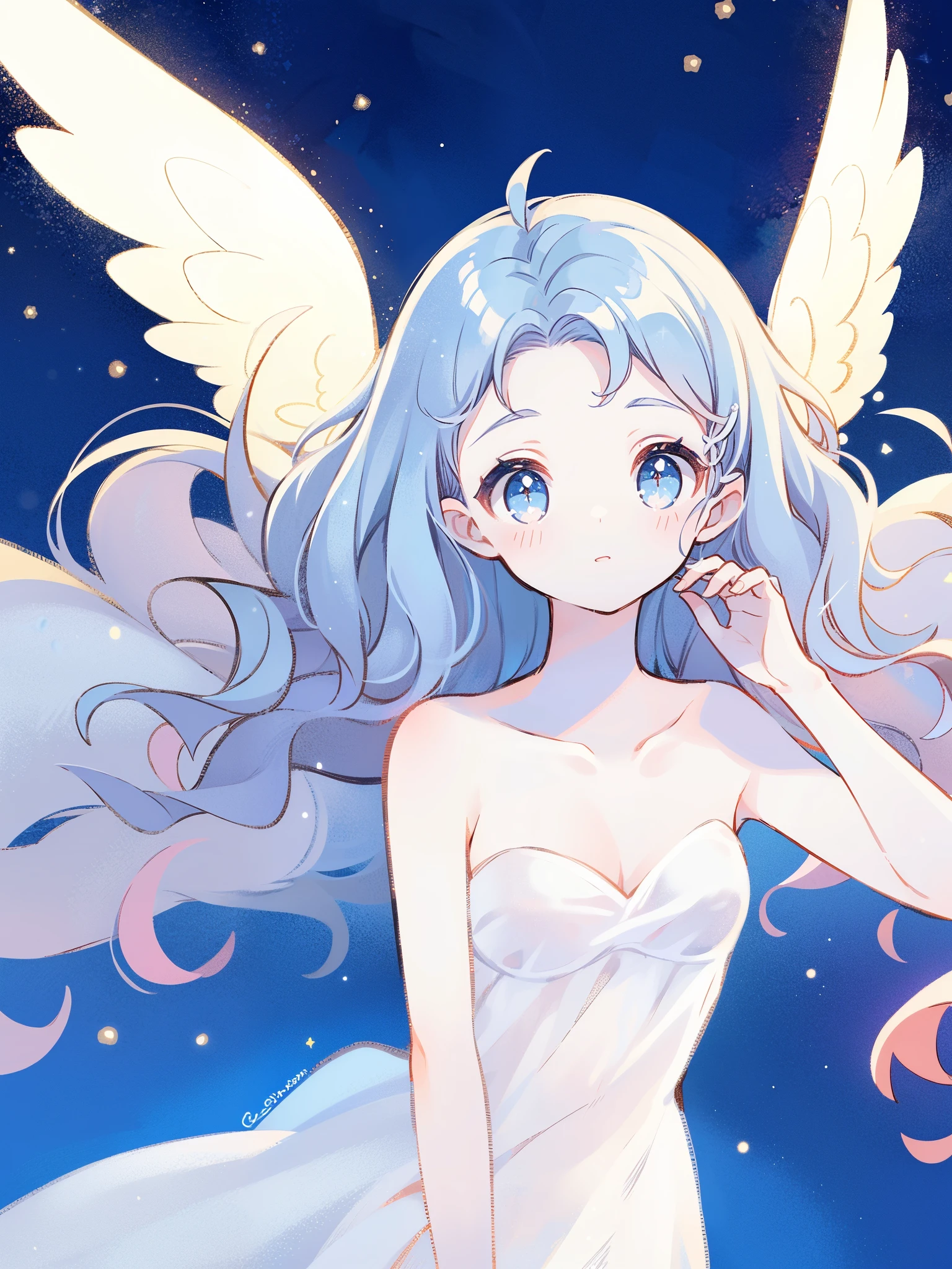 nude angel girl wearing an ethereal translucent dress, pale skin, ((wavy blue hair)), white feathers, angel wings, sparkling detailed eyes, golden ratio face, perfect composition, highly detailed, ethereal, (starry night sky background), midjourney style