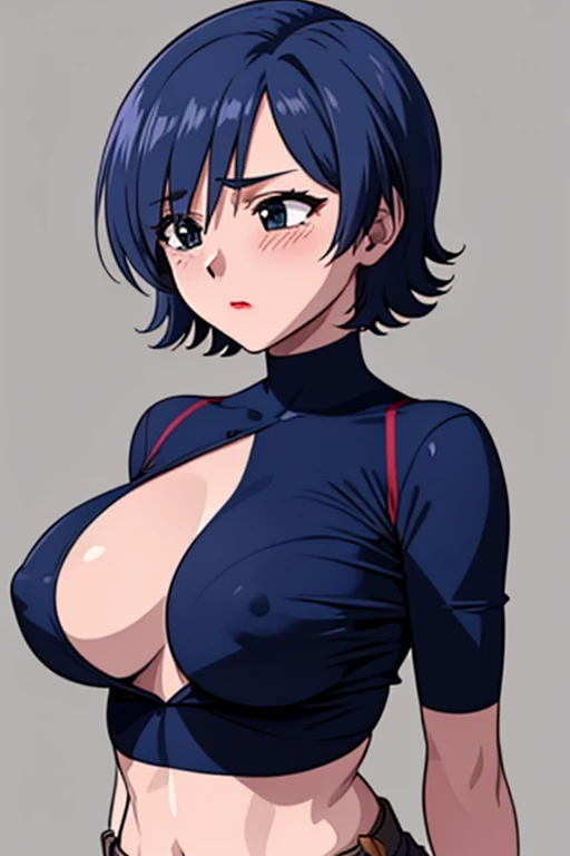 (beautiful detailed eyes, beautiful detailed hair, perfect detailed body), mikictr, 1girl, solo, black eyes, short hair, closed mouth, lipstick, blush, sagging large breasts, crop top, no bra, midriff, navel, upper body:1.5, standing, belt, blue short shorts, simple background