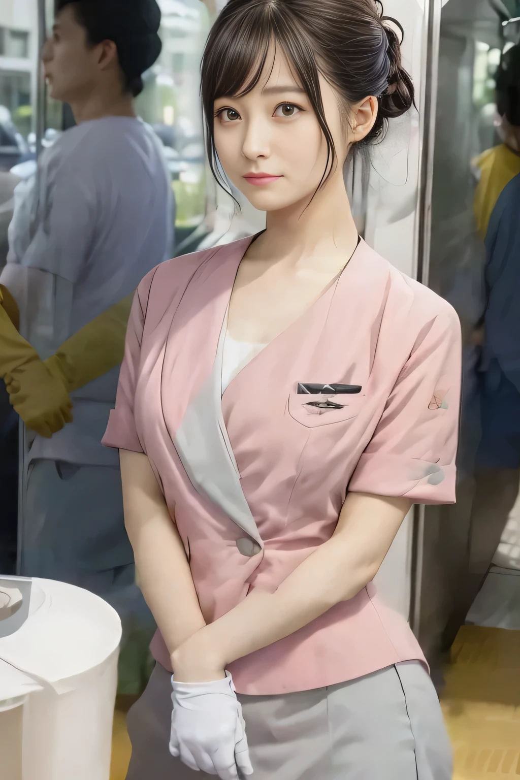 (masterpiece:1.2, Highest quality:1.2), 32k HDR, High resolution, (alone、1 girl)、（On the rooftop of a building in the daytime、Professional Lighting）、Building rooftop background、（Nankai train crew uniform pinkを着たリアルスタイル）、（Nankai train crew uniform pink short sleeve collarless pink jacket、Nankai Train Crew Uniform Pink Collarless Short Sleeve Blouse、Nankai Train Crew Uniform Pink Grey Knee-length Culottes）、（（The bottom of the pink short-sleeved jacket cannot be tucked into the clay-colored culottes.））、Dark brown hair、（Hair tied up、Hair Bun、Hair Bun）、Dark brown hair、Long Shot、Big Breasts、Thin legs、（（Great hands：2.0）），（（Harmonious body proportions：1.5）），（（Normal limbs：2.0）），（（Normal finger：2.0）），（（Delicate eyes：2.0）），（（Normal eyes：2.0））)、（Nankai Train Crew Uniform Pink Grey Knee-length Culottesを見せた美しい立ち姿）、smile