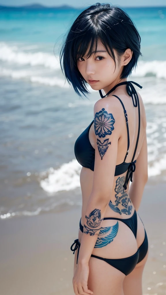 20-year-old,Japanese,woman,Cool look,Beauty,cute ((Tattoos from the neck down)),Black Bikini,Sandy beach background,Very Short Hair,Blue Hair