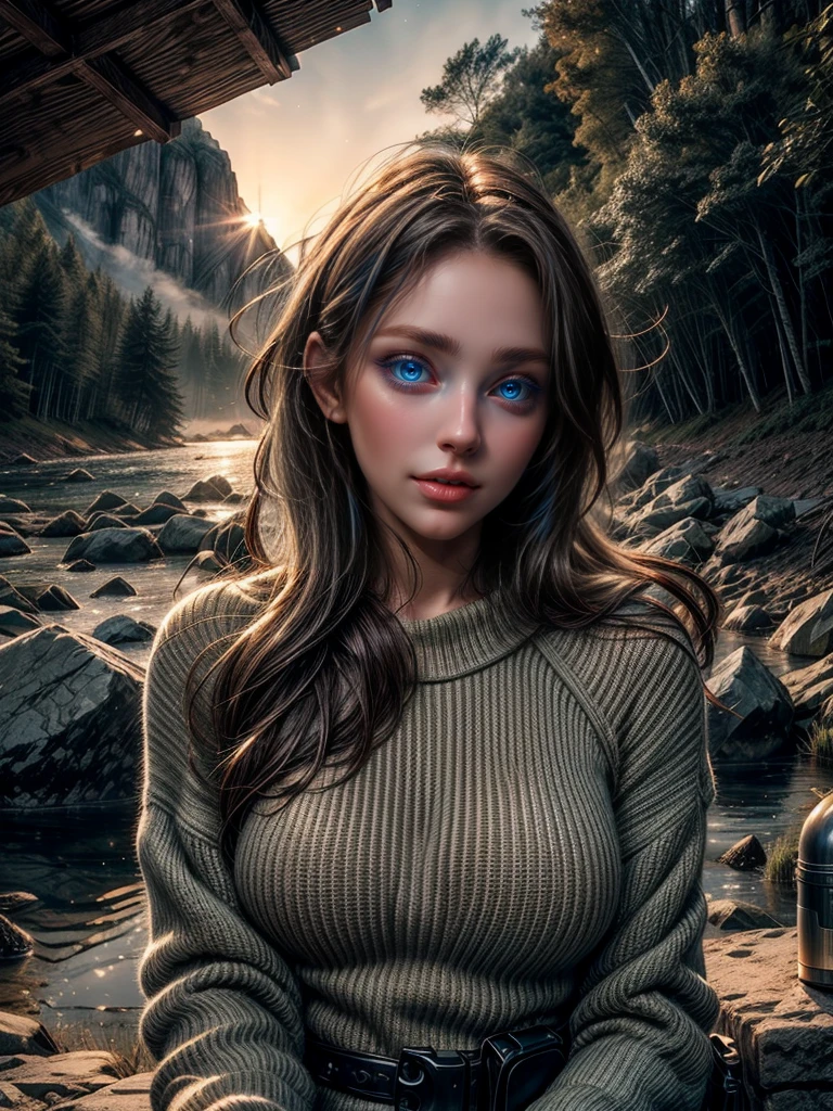 1 woman, amazon construction, sensual look, wet and sweaty ((Upper part of the body selfie, happy)), Beautiful backlight, show biceps,Masterpiece, Best Quality, ultra detailed, Alone, outdoor, (evening), mountains, nature, (stars, officer) happy, happy, schoolbag, sleeping bag, camping stove, water bottle, Mountain boots, gloves, sweater, has, flashlight, forest, Rocks, River, wood, smoke, darkness, contrast, clear sky, analog style (look at the viewer:1.2) (skin texture) (film grain:1.3), (warm tone, warm tone:1.2), close up, cinematic light, side lighting, ultra high resolution, best shadow, RAW, Upper part of the body, wearing sweater, Portrait Sophie Mudd, thick neck, 19 year old female model, latina, angelablanca, Violet Myers, 22 years, 21 years, profile picture, italian, italian latina, Alycia Debnam-Carey, Hazel eyes, realist, Post processing, maximum detail,