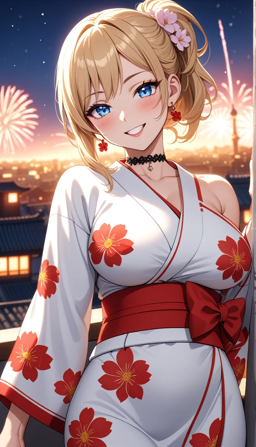 ((One personの女性)), Beautiful Face, (Laughing embarrassedly), (seductive smile:1.4), ((Wink:1.9)), (head tilt:1.3), Laugh with your mouth wide open, upper teeth, looking at viewer, ((Bright red cheeks:1.2)),Glossy Red Lips,rooftop, firework, Glossy red lips, Shining Face, ((Anime style background)),masterpiece, Highest quality, so beautiful,up to date, Complex details, (Pink long nails), (nail art), (ring),(bracelet),(Floral choker),AI-generated, Complex,High resolution, Highest quality, super high quality,3D Images、3D Images,One person,Long blonde hair,High Ponytail, Blonde anime woman posing for a photo,(blue eyes), ((Fine grain、Lightly pigmented blue eyes、Shining Eyes:1.3)), (Squint your eyes:1.1),a hyperRealistic , hyperRealistic , Realistic,Long and blonde anime woman, Smooth anime CG art, A woman wearing a gorgeous kimono with pink floral patterns, (White long sleeve kimono),(Large white floral pattern) ,Long flower hair ornament,Earrings,Mature Body,(Big Breasts:1.1),Tall,Abdominal muscles,Tight waist, (face focus), (knee shot:1.2), (dutch angle:1.3),