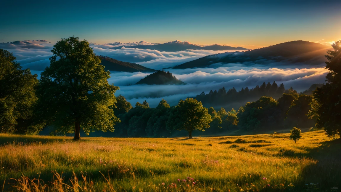 a beautiful, detailed conceptual art landscape of a magical, mystical forest with towering trees, wispy clouds in a vibrant blue sky, rolling hills, lush green grass, and a serene atmosphere, (best quality,4k,8k,highres,masterpiece:1.2),ultra-detailed,(realistic,photorealistic,photo-realistic:1.37),concept art, mksks style, highly detailed, dramatic lighting, vivid colors, volumetric fog, intricate details, cinematic framing, cinematic lighting