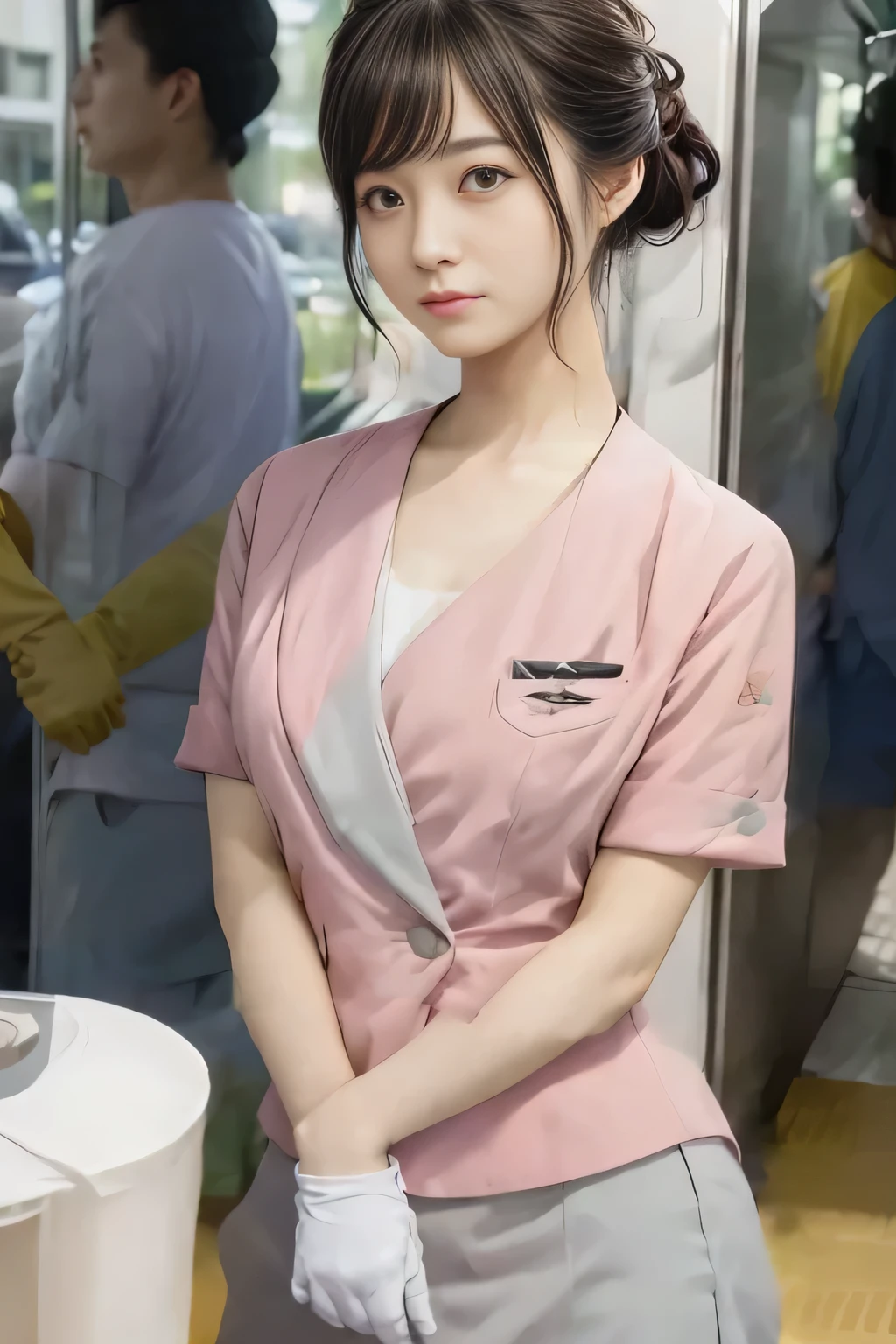 (masterpiece:1.2, Highest quality:1.2), 32k HDR, High resolution, (alone、1 girl)、(On the rooftop of a building in the daytime、Professional Lighting)、Building rooftop background、(Nankai train crew uniform pinkを着たリアルスタイル)、(Nankai train crew uniform pink short sleeve collarless pink jacket、Nankai Train Crew Uniform Pink Collarless Short Sleeve Blouse、Nankai Train Crew Uniform Pink Grey Knee-length Culottes)、((The bottom of the pink short-sleeved jacket cannot be tucked into the clay-colored culottes.))、Dark brown hair、(Hair tied up、Hair Bun、Hair Bun)、Dark brown hair、Long Shot、Big Breasts、Thin legs、((Great hands:2.0)),((Harmonious body proportions:1.5)),((Normal limbs:2.0)),((Normal finger:2.0)),((Delicate eyes:2.0)),((Normal eyes:2.0)))、(Nankai Train Crew Uniform Pink Grey Knee-length Culottesを見せた美しい立ち姿)、smile