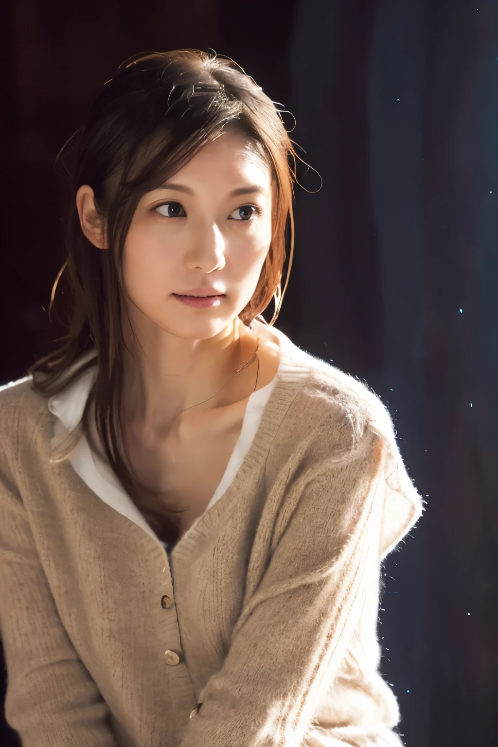 (knitwear), (top-quality, masterpiece:1.3, Super high resolution), (Photorealsitic:1.4, RAW shooting), Ultra-realistic capture, A highly detailed, high-definition 16K for human skin, Wistful, A skinny Japanese woman, 30 years old, cute face, ((Sadness face)), detailed face, detailed eyes, ((correct anatomy)), A dark-haired, Middle hair, ((Background of the sea in a starry night)), (((looking up afar at starry sky))), hair blowing in the wind