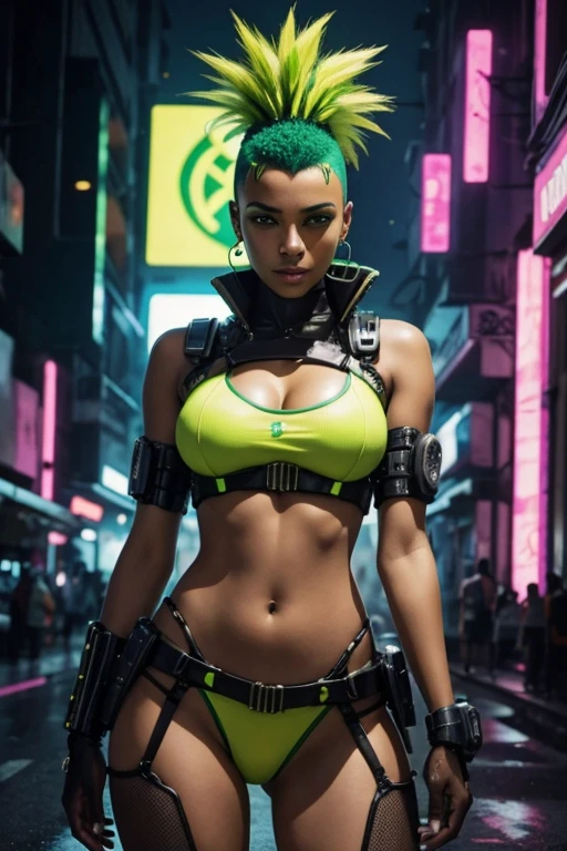 Safe For Work, Cyberpunk, Brazilian, dark skinned Brazilian, ethnically Brazilian, prostitute, Brazilian woman, Clothing is bright green and Bright yellow, very high mohawk