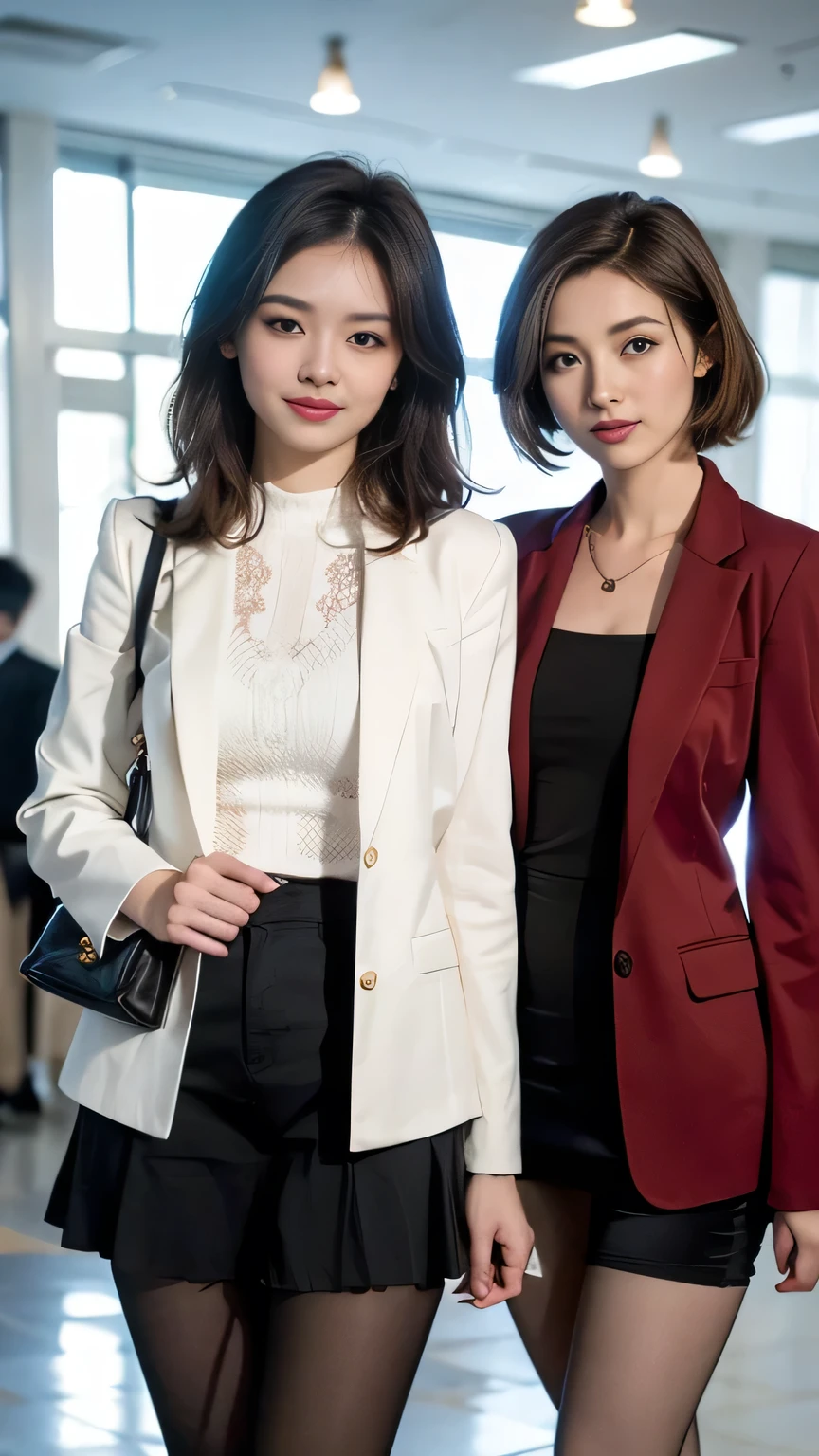 Delicate makeup,Two women standing side by side、Cool Beauty, Accurately express the fine details of the face and skin texture,(The most beautiful face and eyes), Delicate skin,Looking into the camera、Short Haircut、smile、Jacket、shirt、((Are standing:1.3))、(Ultra-realistic pantyhose:1.2), (pumps)、(Business services)、 indoor, ,The background is the building's entrance